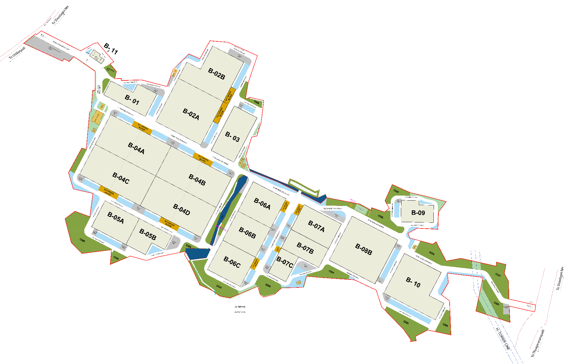 ESR Hosur master plan showing warehouse blocks, internal roads and landscaped areas.