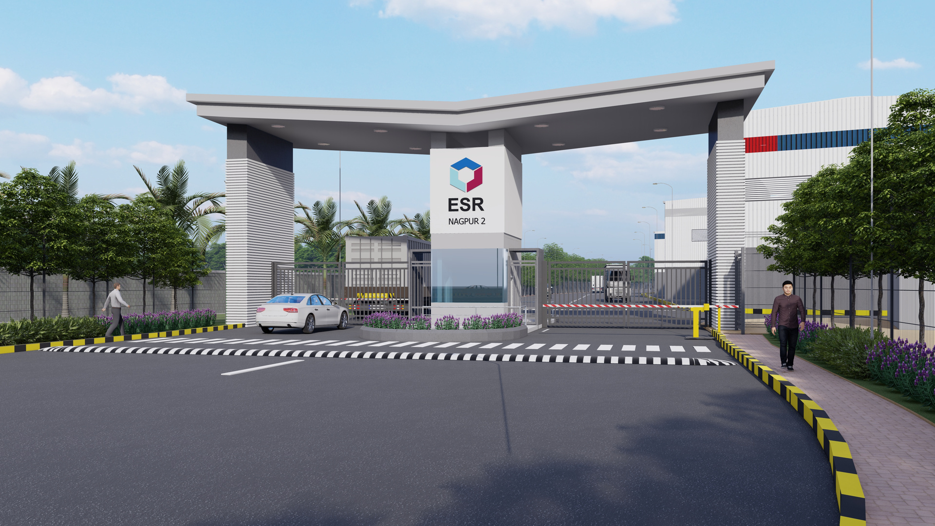Architectural rendering of ESR Delhi Urban Distribution Centre with trucks at loading bays.