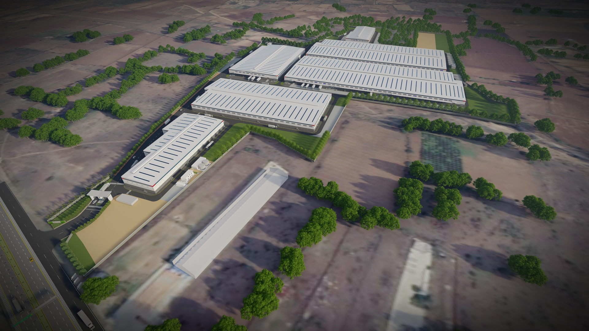 Architectural rendering of ESR Delhi Urban Distribution Centre with trucks at loading bays.
