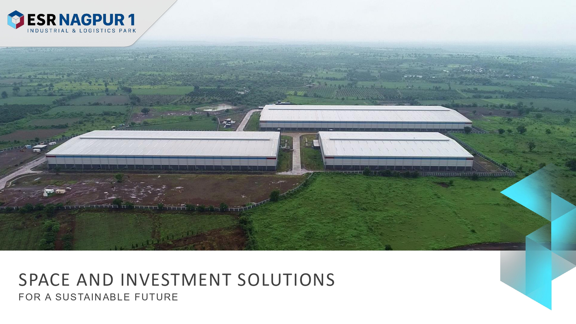 ESR Nagpur 1 brochure cover showing an aerial view of warehouses and green surroundings.