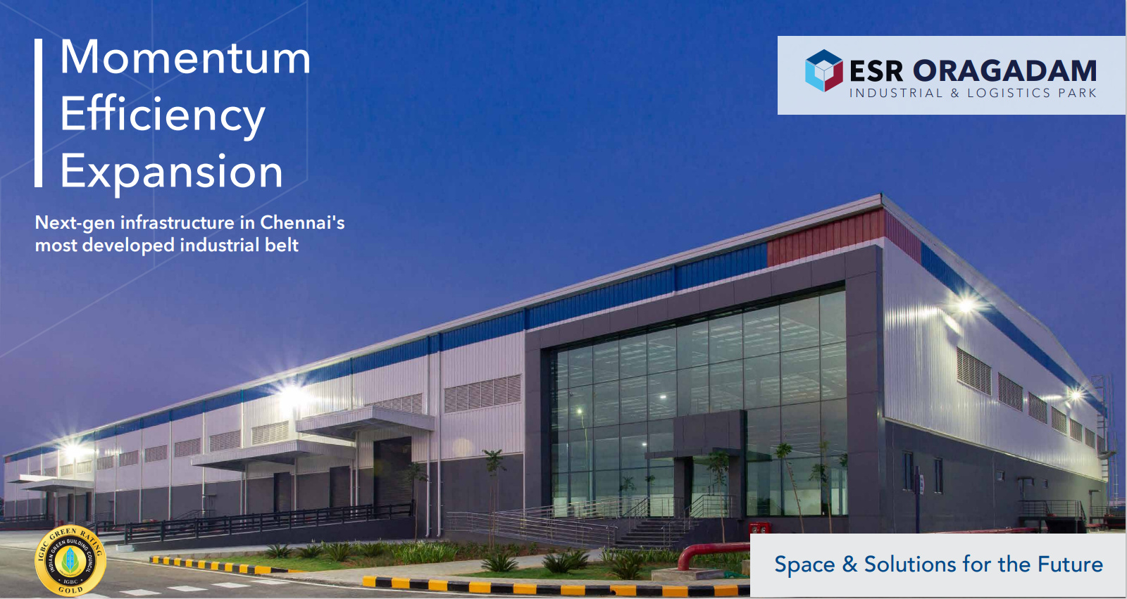 ESR Oragadam brochure cover featuring an illuminated warehouse exterior at dusk.