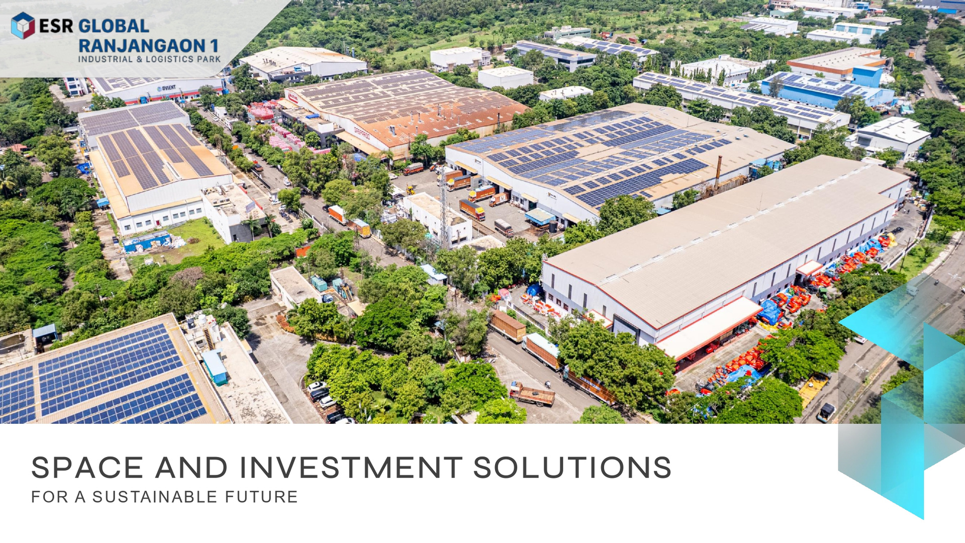 ESR Ranjangaon 1 brochure cover showing warehouses with rooftop solar panels.