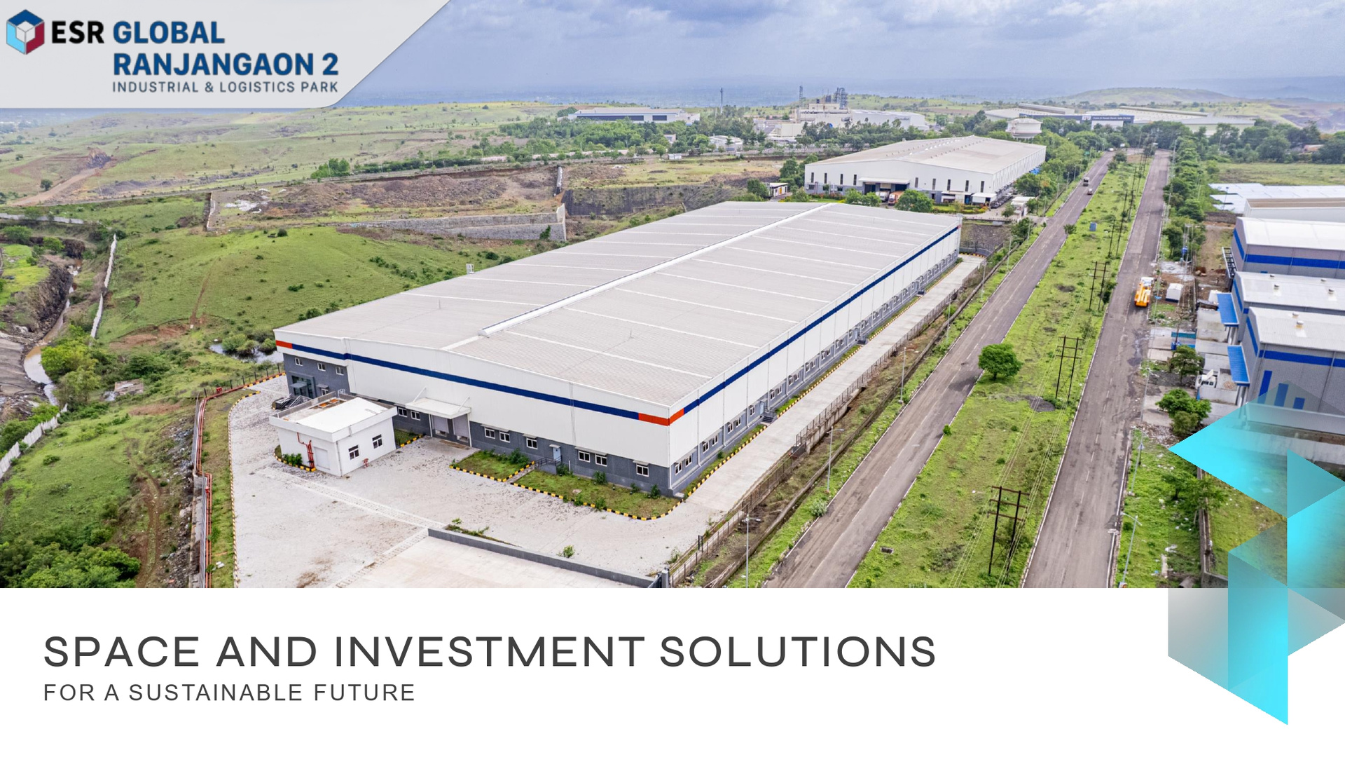 ESR Ranjangaon 2 brochure cover showing an aerial view of a warehouse beside a road.