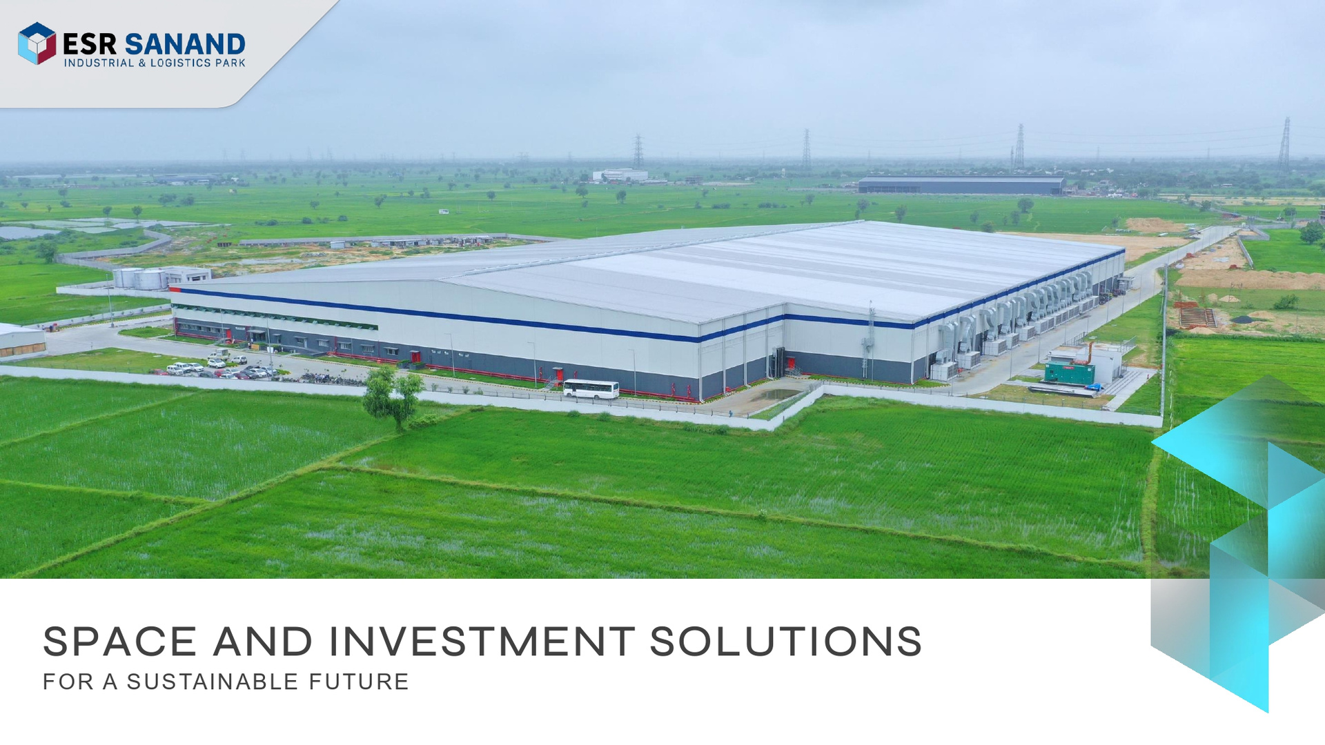 ESR Sanand brochure cover showing warehouses surrounded by green land.